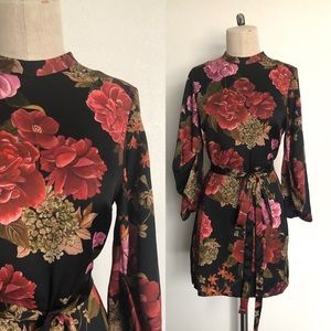 ZARA HIGH NECK BLACK & RED SILKY FLORAL DRESS - M